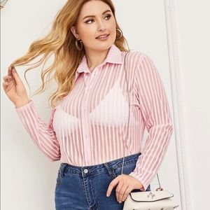 Pink sheer striped button down